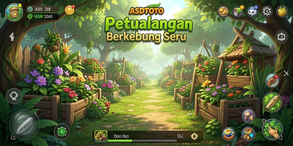 Tampilan gameplay ASDTOTO saat merawat kebun dengan tanaman berwarna-warni.